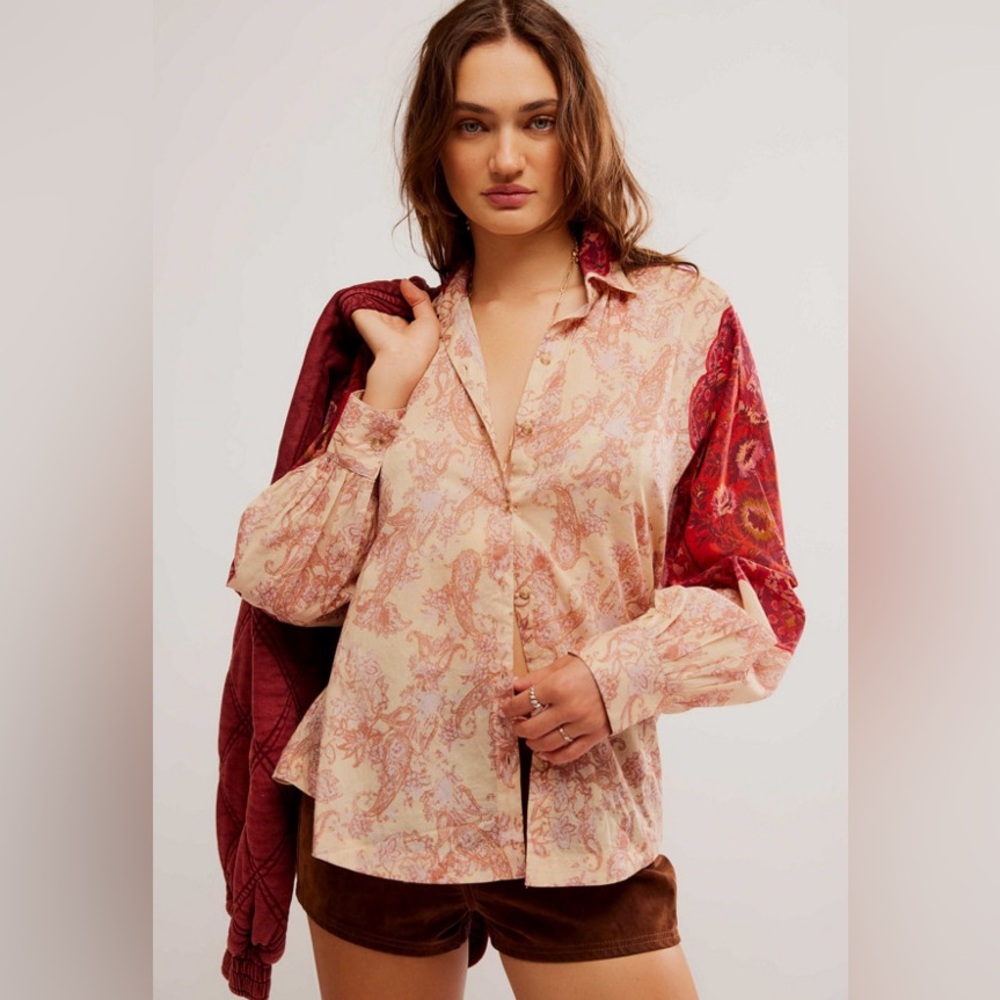 Free People Rose Bud Blouse - Small Red Combo - NWOT $128 MSRP